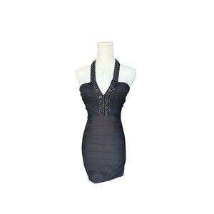 Sky Brand Black Bodycon Bandage Beaded Jewel Halter Mini Cocktail Dress XS